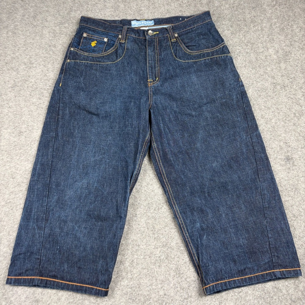 Rocawear Denim Shorts Mens 36 Baggy Y2K Embroidered Dark Wash Hip Hop Streetwear - Picture 2 of 13